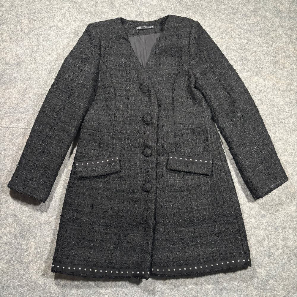 Zara Tweed Coat Womens M Black Studded Trim Longline Boucle Jacket Parisian